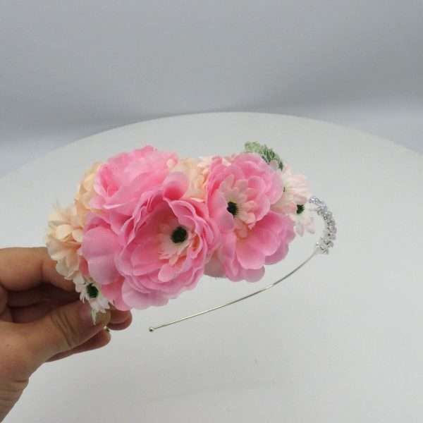Diadema de par decorata cu flori de matase roz ILIF305064 6