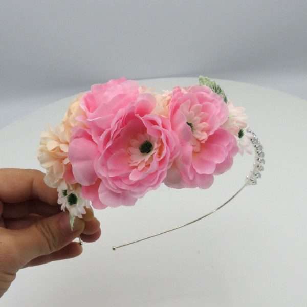 Diadema de par decorata cu flori de matase roz ILIF305064 7