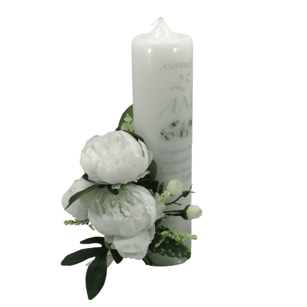 Lumanare nunta aniversare 25 ani decorata bujori albi de matase ILIF305088 1 1