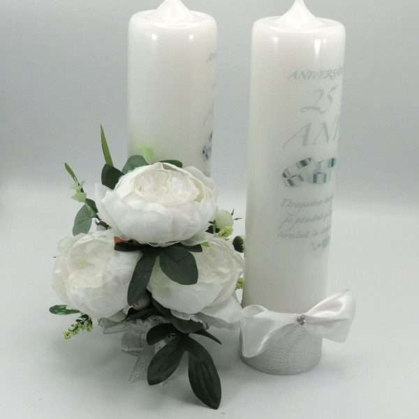 Lumanare nunta aniversare 25 ani decorata bujori albi de matase ILIF305088 1