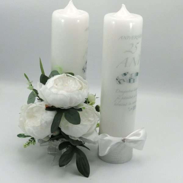 Lumanare nunta aniversare 25 ani decorata bujori albi de matase ILIF305088 2