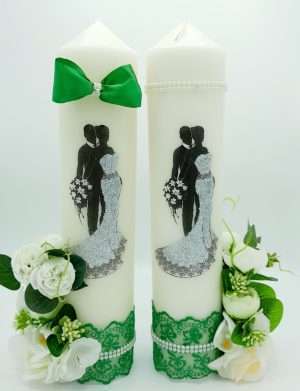 Lumanare nunta nepersonalizata, cu flori de matase, tematica verde – FEIS305006