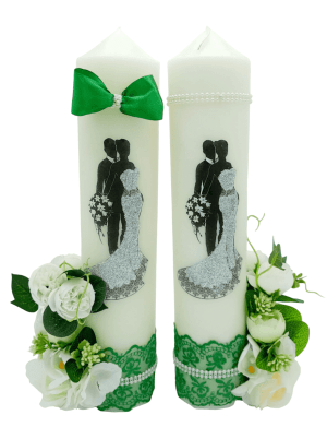 Lumanare nunta nepersonalizata, cu flori de matase, tematica verde – FEIS305006