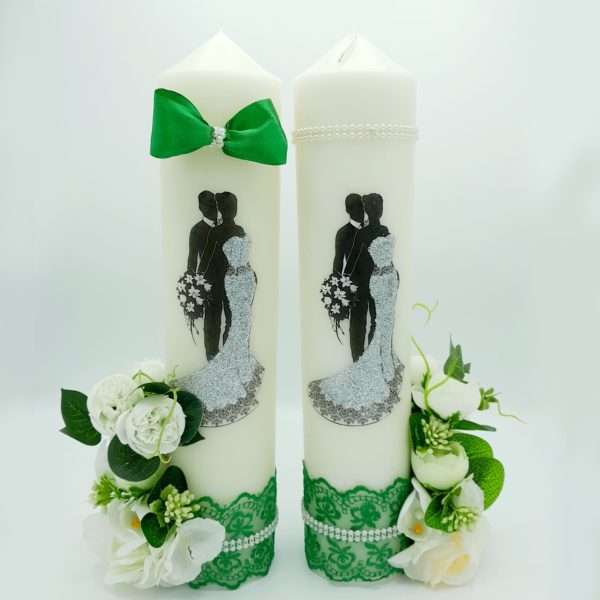 Lumanare nunta nepersonalizata cu flori de matase tematica verde FEIS305006