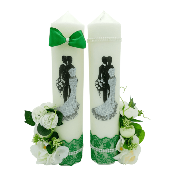 Lumanare nunta nepersonalizata cu flori de matase tematica verde FEIS305006