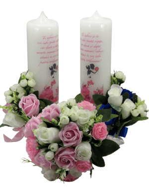 Set 2 lumanari cununie un buchet mireasa flori roz albastre si albe ILIF305050 1