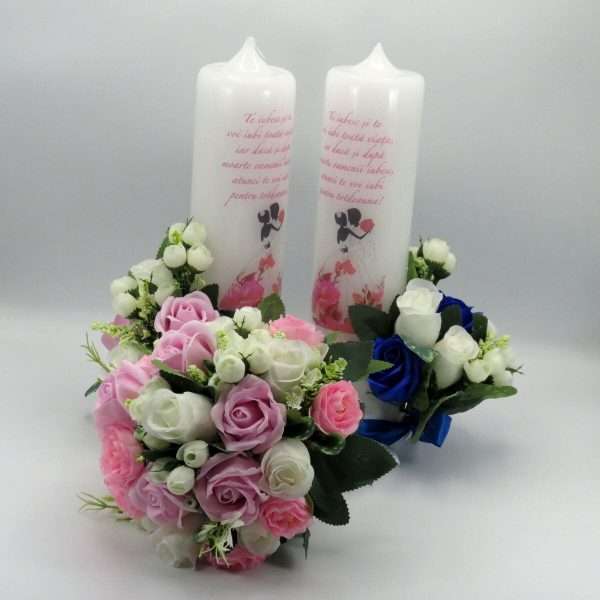 Set 2 lumanari cununie un buchet mireasa flori roz albastre si albe ILIF305050 1