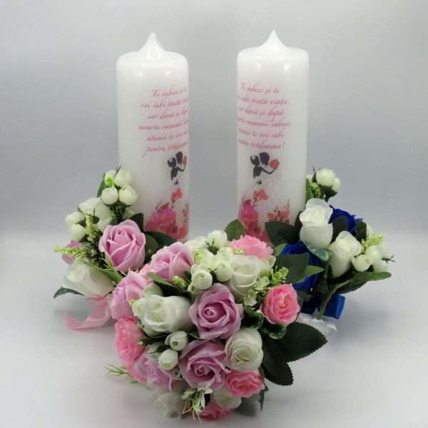 Set 2 lumanari cununie un buchet mireasa flori roz albastre si albe ILIF305050 2