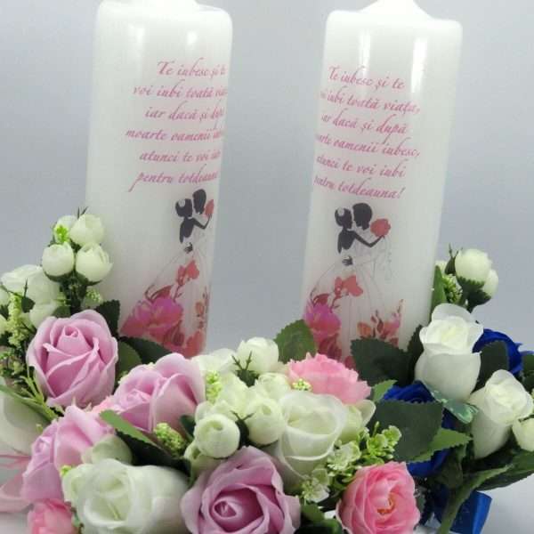 Set 2 lumanari cununie un buchet mireasa flori roz albastre si albe ILIF305050 3