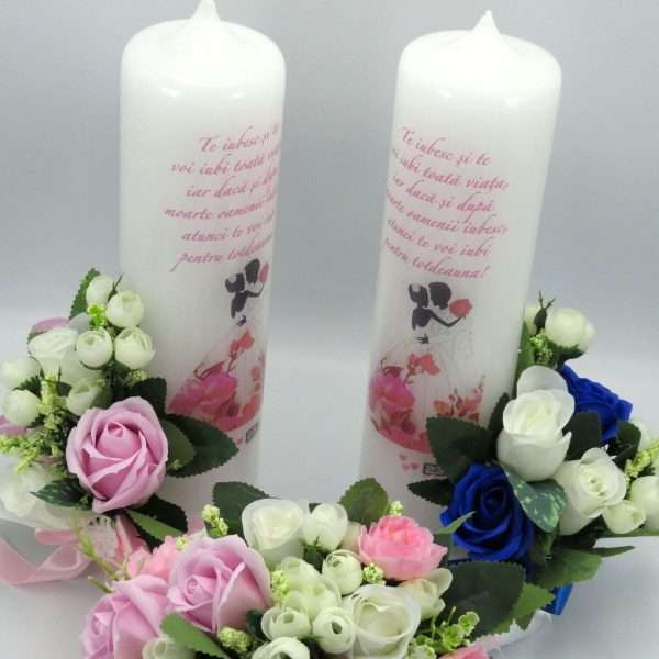 Set 2 lumanari cununie un buchet mireasa flori roz albastre si albe ILIF305050 4