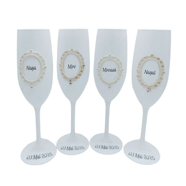 Set 4 pahare nunta pentru miri & nasi, model deosebit alb FEIS305010
