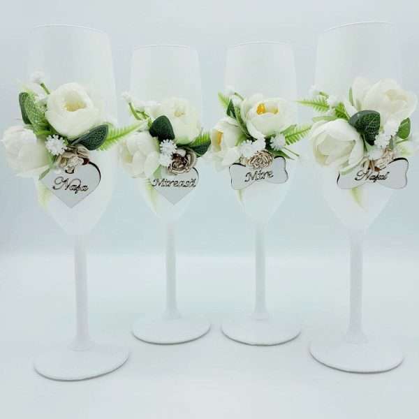Set 4 pahare nunta pentru miri nasi model deosebit cu flori de matase FEIS305013 5