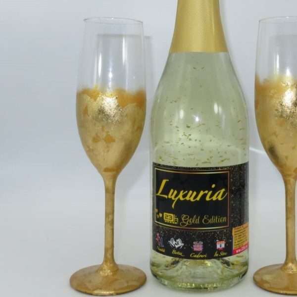 Set Vin Spumant Luxuria cu foita de aur 23k 2 pahare aurii decorate manual ILIF305070 2