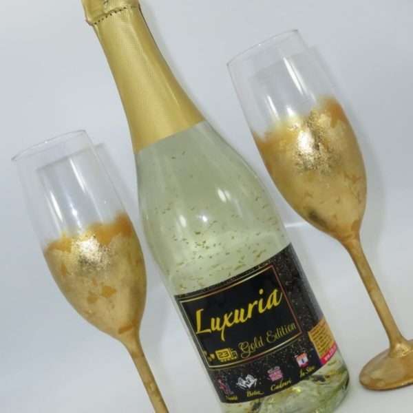 Set Vin Spumant Luxuria cu foita de aur 23k 2 pahare aurii decorate manual ILIF305070 3