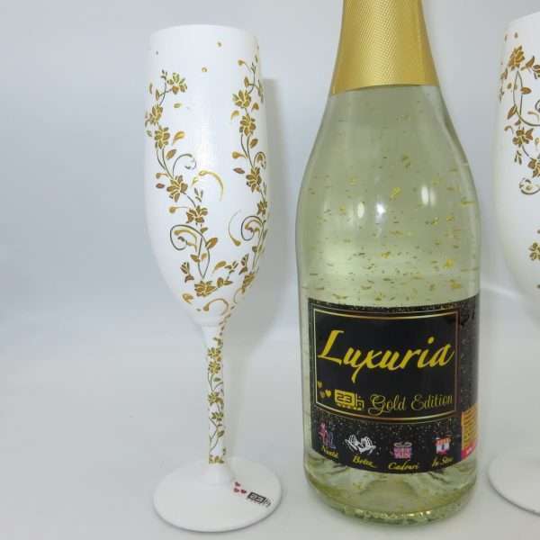 Set Vin Spumant Luxuria cu foita de aur 23k 2 pahare aurii decorate manual ILIF305071 3