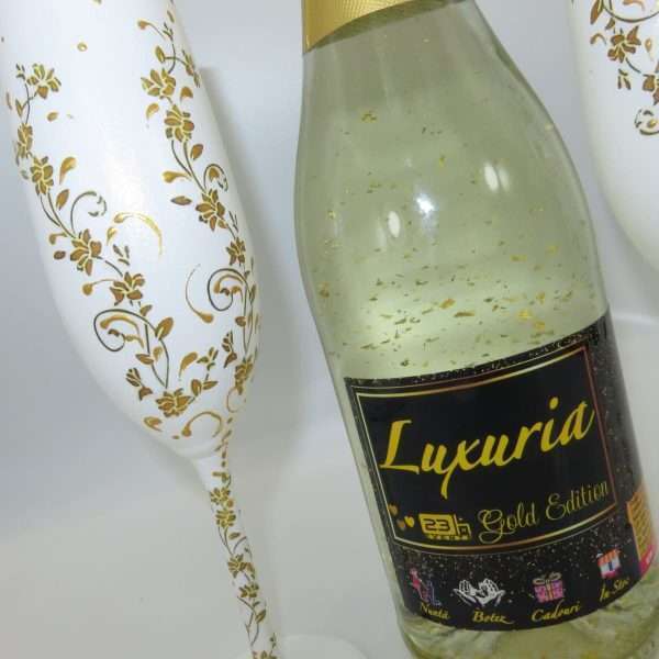 Set Vin Spumant Luxuria cu foita de aur 23k 2 pahare aurii decorate manual ILIF305071 4