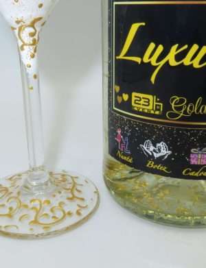 Set Vin Spumant Luxuria cu foita de aur 23k, 2 pahare aurii decorate manual, aniversare 50 de ani – ILIF305069