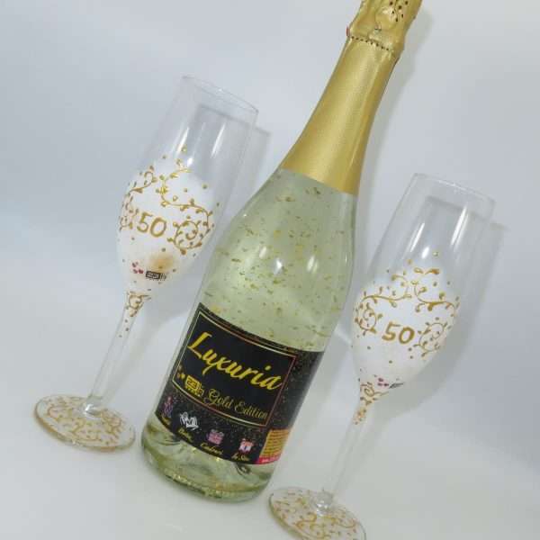 Set Vin Spumant Luxuria cu foita de aur 23k 2 pahare aurii decorate manual aniversare 50 de ani ILIF305069 3