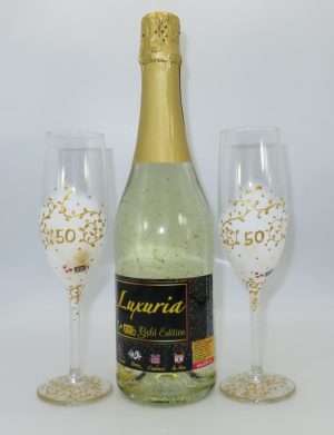 Set Vin Spumant Luxuria cu foita de aur 23k, 2 pahare aurii decorate manual, aniversare 50 de ani – ILIF305069