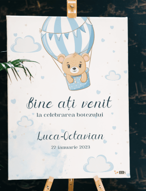 Tablou Bine Ati Venit! pentru botez, Balon cu aer cald, dim. 53×70 cm – OPB305001