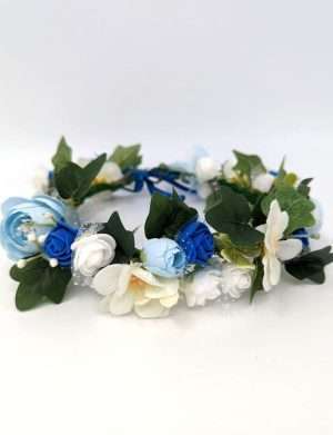 Coronita din flori de matase si spuma, alb-bleu – DSPH306001