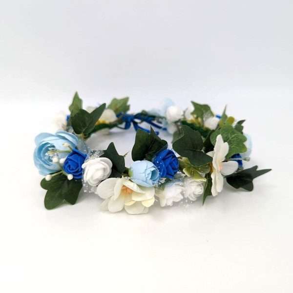 Coronita din flori de matase si spuma alb bleu DSPH306001