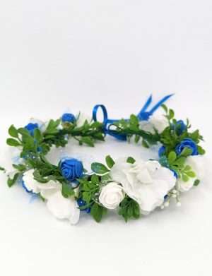 Coronita din flori de matase si spuma, albastru-alb – DSPH306003