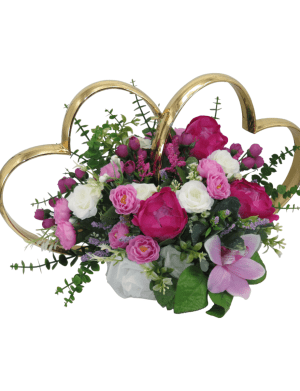 Decor masina pentru nunta, inimioare decorate cu flori, alb & ciclam – ILIF306022
