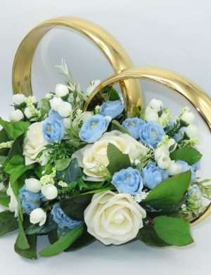 Decor masina pentru nunta, verighete decorate cu flori, bleu-verde-alb – ILIF306003