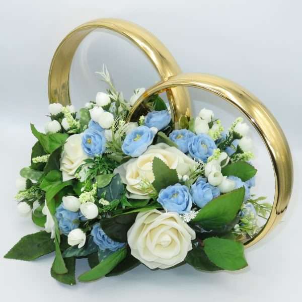 Decor masina pentru nunta verighete decorate cu flori bleu verde alb ILIF306003 4