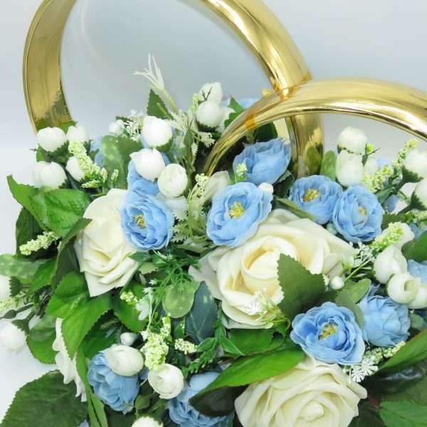 Decor masina pentru nunta verighete decorate cu flori bleu verde alb ILIF306003 5