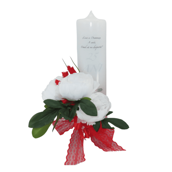 Lumanare nunta aniversare 25 ani decorata bujori albi de matase rosu alb ILIF306008 1 1
