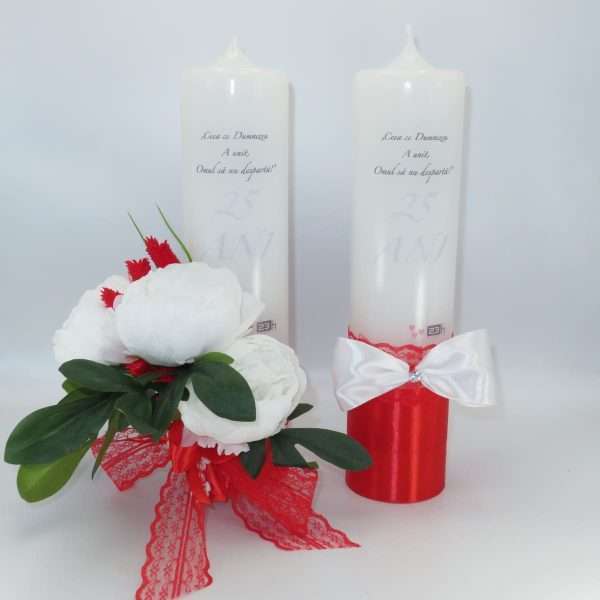 Lumanare nunta aniversare 25 ani decorata bujori albi de matase rosu alb ILIF306008 10