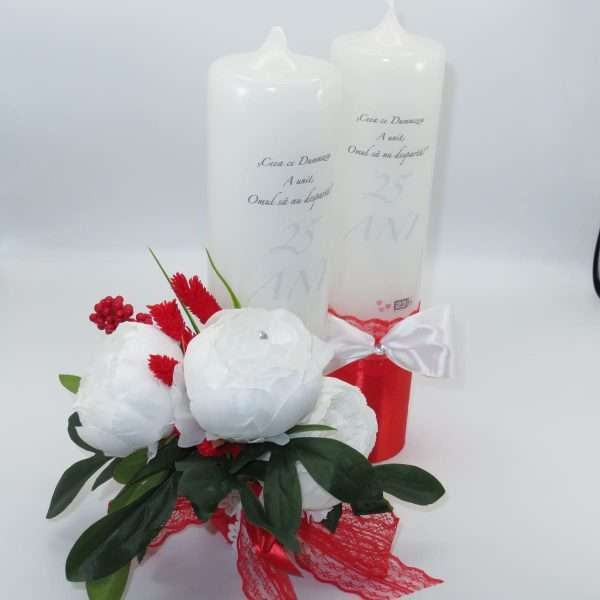 Lumanare nunta aniversare 25 ani decorata bujori albi de matase rosu alb ILIF306008 2