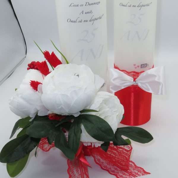 Lumanare nunta aniversare 25 ani decorata bujori albi de matase rosu alb ILIF306008 3