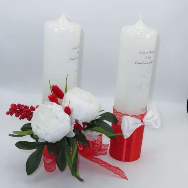 Lumanare nunta aniversare 25 ani decorata bujori albi de matase rosu alb ILIF306008 4