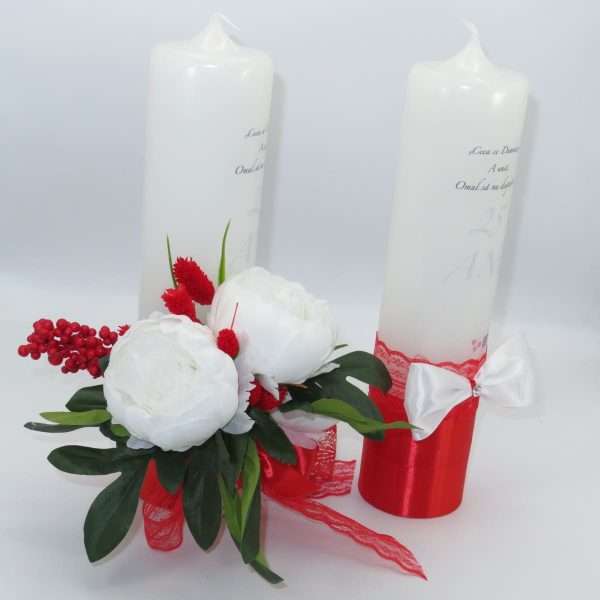 Lumanare nunta aniversare 25 ani decorata bujori albi de matase rosu alb ILIF306008 5