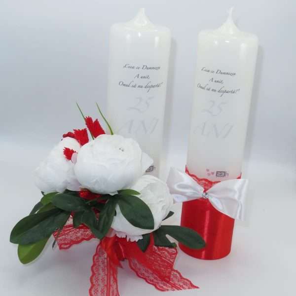 Lumanare nunta aniversare 25 ani decorata bujori albi de matase rosu alb ILIF306008 6