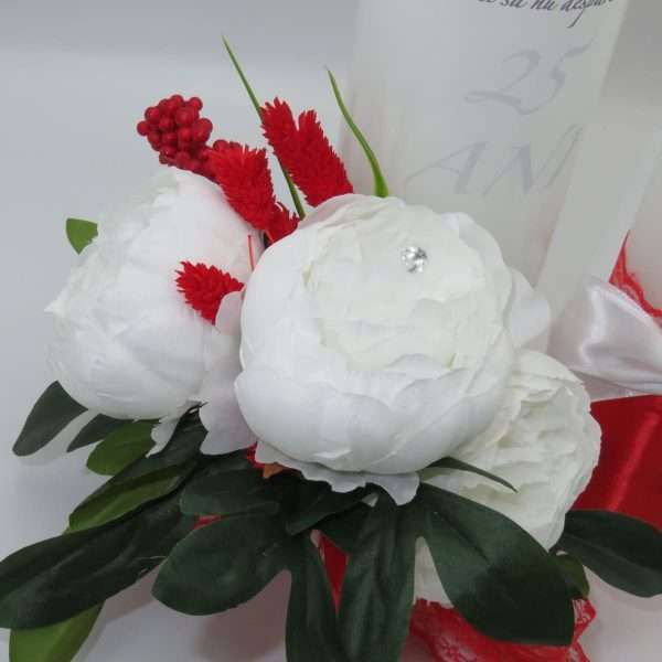 Lumanare nunta aniversare 25 ani decorata bujori albi de matase rosu alb ILIF306008 7