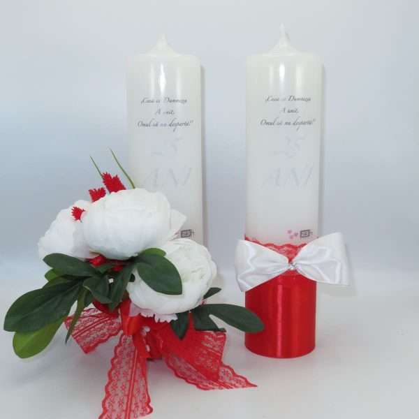 Lumanare nunta aniversare 25 ani decorata bujori albi de matase rosu alb ILIF306008 9