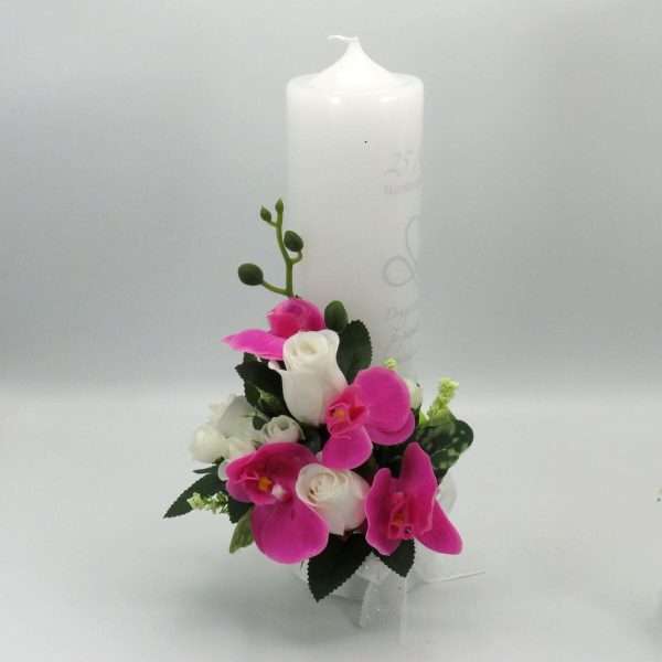 Lumanare nunta aniversare 25 ani decorata cu orhidee ciclam din silicon ILIF306001 3