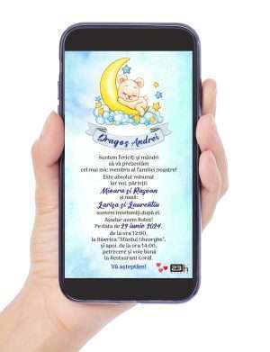 Invitatie digitala botez baietel, personalizata cu ursulet si luna – MIBC306002