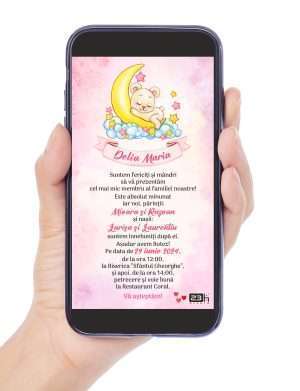 Invitatie digitala botez fetita, personalizata cu ursulet – MIBC306004