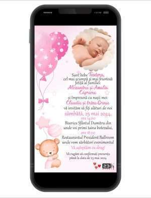 Invitatie digitala botez fetita, personalizata cu ursulet si poza – MIBC306005