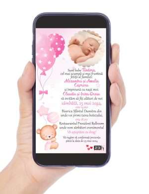 Invitatie digitala botez fetita, personalizata cu ursulet si poza – MIBC306005