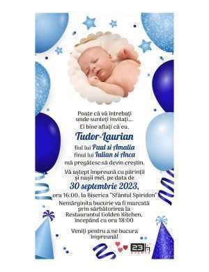 Invitatie digitala botez baietel, personalizata cu baloane si poza bebe – MIBC306001