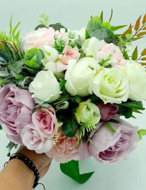 Buchet mireasa/nasa din flori de matase, alb-roz-verde – FEIS307011