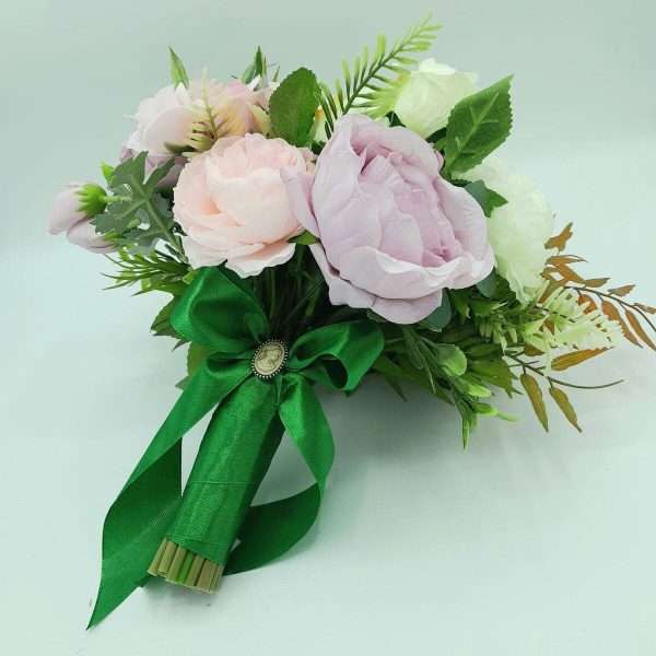 Buchet mireasanasa din flori de matase alb roz verde FEIS307011 2