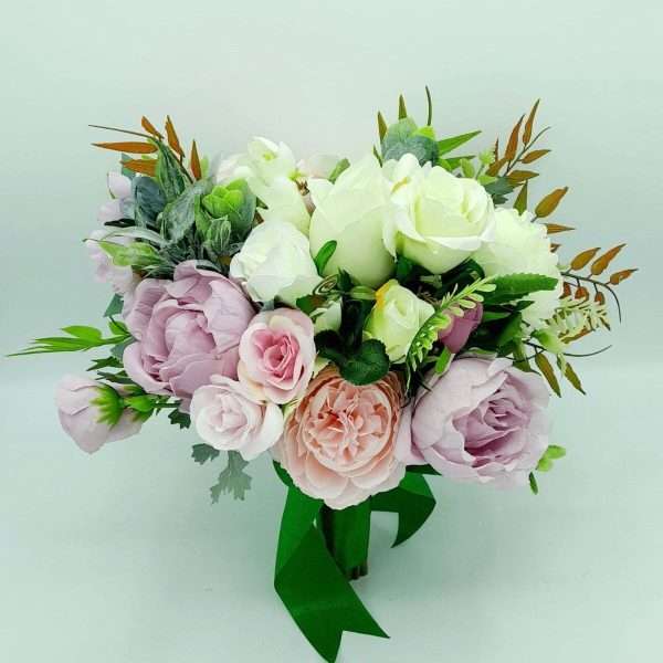 Buchet mireasanasa din flori de matase alb roz verde FEIS307011 4