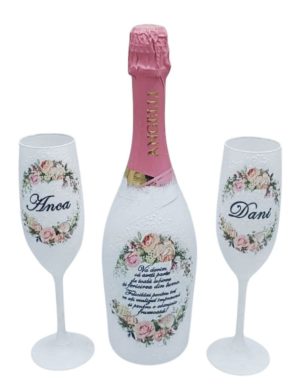Cadou Nunta, sticla vin spumant si 2 pahare decorate manual, model deosebit – FEIS307007